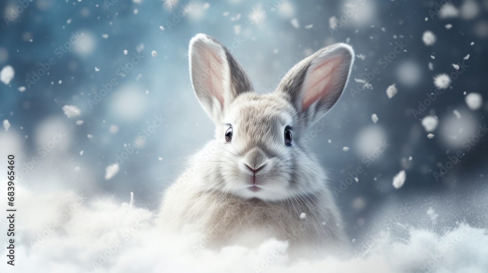 a close up of a rabbit in the snow with snow flakes on the ground and snow flakes on the ground. a close up of a rabbit in the snow with snow flakes on the ground and snow flakes on the ground.