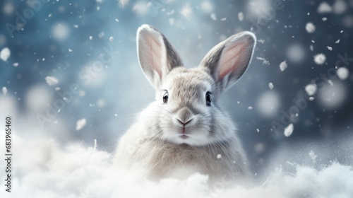  a close up of a rabbit in the snow with snow flakes on the ground and snow flakes on the ground.