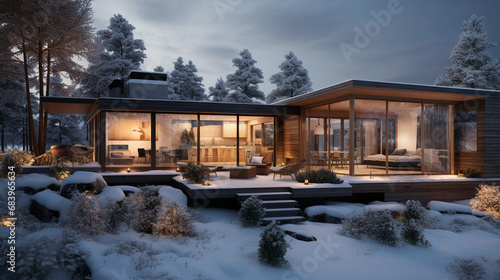 Winter Retreat: Illuminated Scandinavian Home Amidst Snowfall