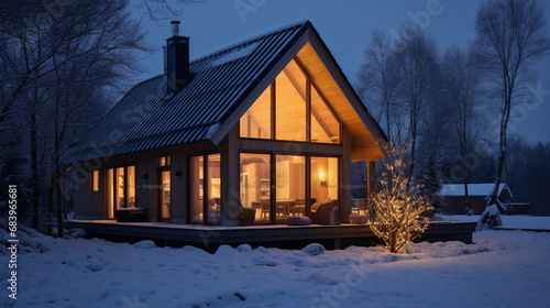 Enchanting Evening: Snowy Scandinavian Home with Soft Lighting