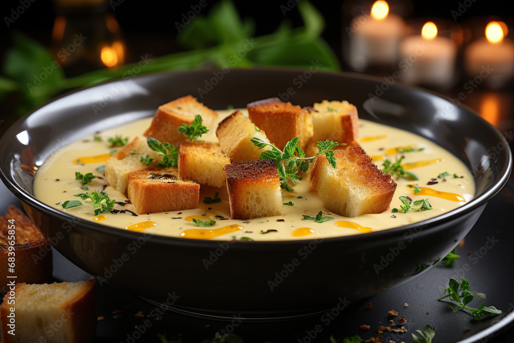 Cheese soup in a plate with golden brown croutons and herbs. Generative AI.