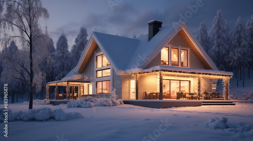 Cozy Winter Retreat: Warmly Lit Scandinavian Home in Snow