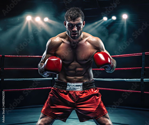 Boxer in ring and spotlights on background. Postproducted generative AI illustration. © LeArchitecto