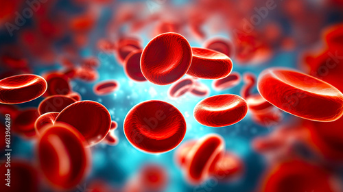 Red blood cells under microscope at laboratory testing. Postproducted generative AI illustration. photo