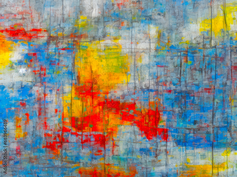 Weathered effect abstract art canvas texture in red, blue and yellow color palette