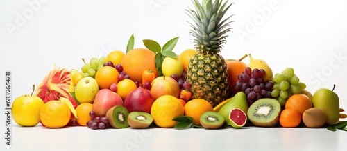 In the photo, an enticing arrangement of fresh, tropical fruit decorates the scene, each juicy, organic piece showcased against the white background, highlighting their vibrant colors. The vibrant