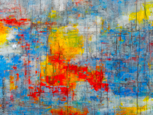Weathered effect abstract art canvas texture in red  blue and yellow color palette