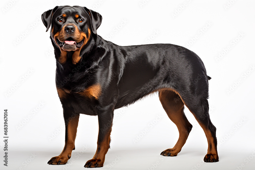 Rottweiler dog standing on a white background. Animal left-side portrait. Rottweiler dog standing on a white background. Animal left-side portrait.