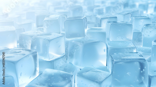 Icy surface background. Illustration of groups of ice cubes scattered of light blue surface covered in ice  generative ai