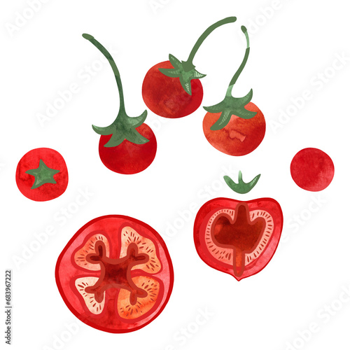Set of tomatoes and cherry tomatoes, pieces and whole. Topping for pizza or cooking. Isolated watercolor illustration on white background for menus and recipes.