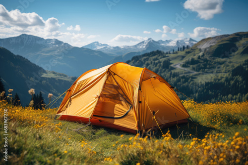 Camping in the mountains with tent standing on a hill with beautiful landscape. tourism concept © Irina Mikhailichenko