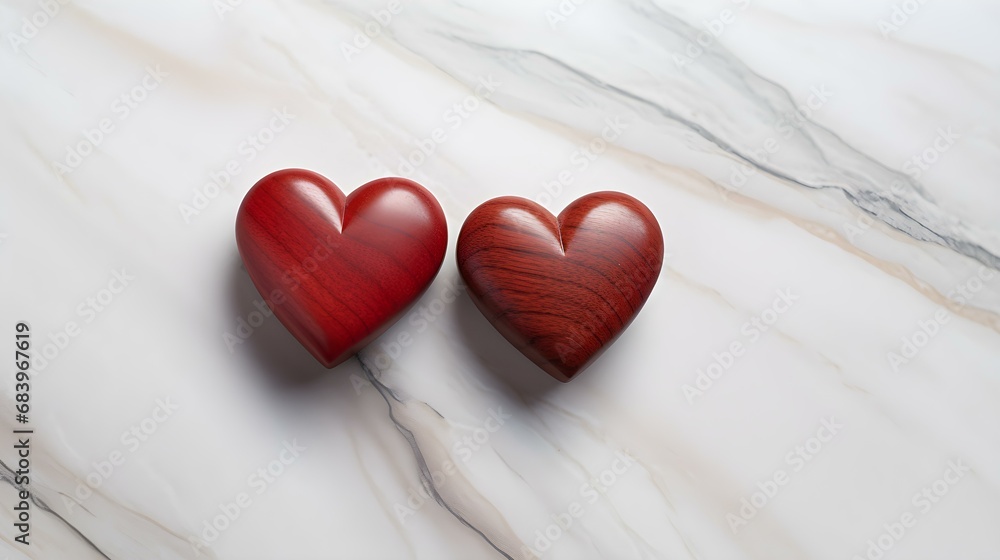 Close up of two red Hearts on a white Marble Background. Romantic Backdrop with Copy Space Close up of two red Hearts on a white Marble Background. Romantic Backdrop with Copy Space