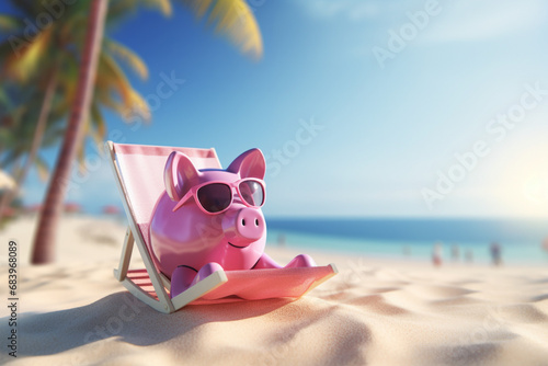Financial freedom. Piggy bank relaxing on the sandy beach. Wealth growth and financial independence concept. High quality photo photo