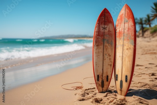 Two surfboards stand on the sand at the beach. Summer beach composition.