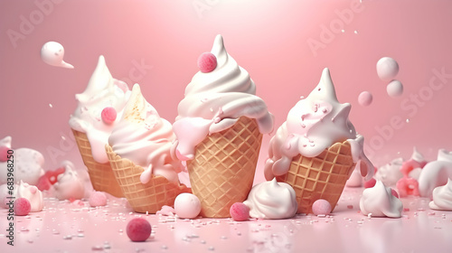 Marshmallow ice cream. Scoops of italian dessert with waffle cone on isolated background. Illustration for banners, landing pages and web pages with summer motifs. Copy space. Generative AI photo