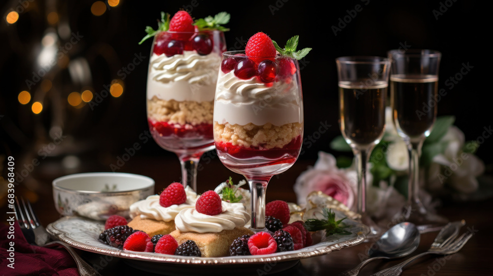 Twin glasses of elegant Valentine's pastries, layered with berries and cream. A harmonious blend of flavors for a memorable Valentine's dessert. Twin glasses of elegant Valentine's pastries, layered with berries and cream. A harmonious blend of flavors for a memorable Valentine's dessert.