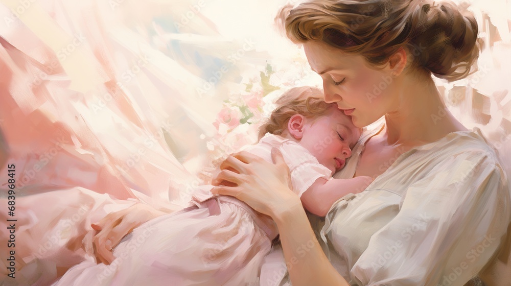 A tender and affectionate depiction of a mother and child, captured in a serene setting. Rendered in a realistic painting style, reminiscent of Mary Cassatt's intimate mother-child compositions. A tender and affectionate depiction of a mother and child, captured in a serene setting. Rendered in a realistic painting style, reminiscent of Mary Cassatt's intimate mother-child compositions.