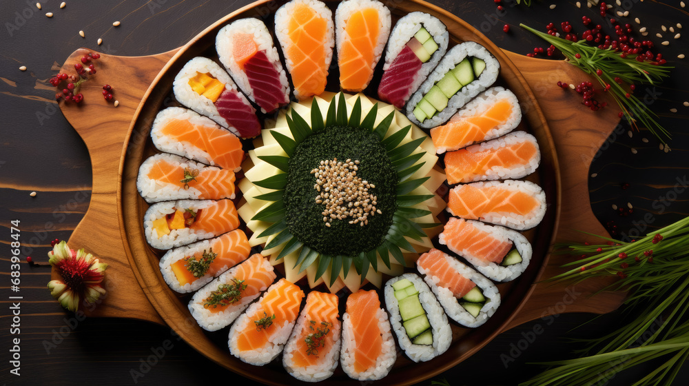Japanese sushi, snowflake-shaped rolls, fish, salmon, sashimi, decor, meal, dinner, beautiful food, festive, restaurant, cafe, rice, nori, original dish presentation, holiday, Christmas, New Year