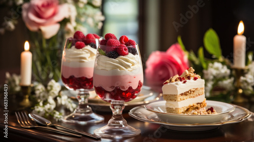 Layered berry parfaits stand as elegant Valentine's pastries on a festive table. The perfect combination of taste and love for the holiday.