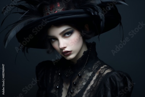 Portrait of young grieving widow in Victorian black dress and hat