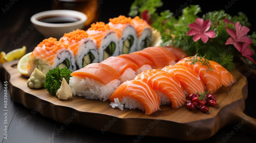 Japanese sushi, rolls, fish, salmon, sashimi, decor, meal, dinner, beautiful food, festive, restaurant, cafe, rice, nori, serving a dish, holiday, seafood, tuna, tasty treat, delicious Japanese sushi, rolls, fish, salmon, sashimi, decor, meal, dinner, beautiful food, festive, restaurant, cafe, rice, nori, serving a dish, holiday, seafood, tuna, tasty treat, delicious