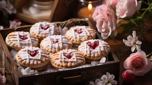 Mini pies with a Valentine's heart design, presented in a rustic basket amidst romantic roses.