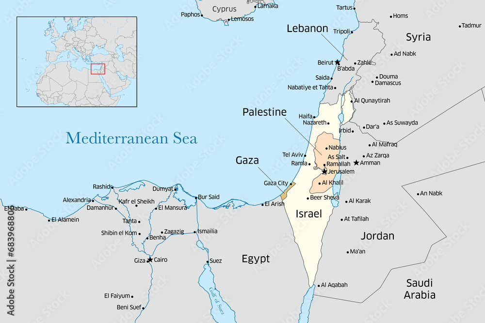 Fototapeta premium Illustrative map of the Eastern Mediterranean Sea including Israel, Palestine, Lebanon, and Gaza.