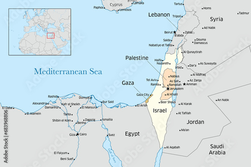 Illustrative map of the Eastern Mediterranean Sea including Israel, Palestine, Lebanon, and Gaza. photo