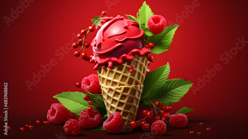 Red currant sherbet ice cream. Scoops of italian dessert with waffle cone on isolated background. Illustration for banners, landing pages and web pages with summer motifs. Copy space. Generative AI photo