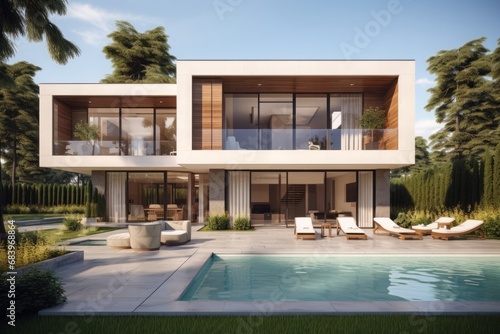Modern villa with cream color and brown wood, modern interior design with large windows © DK_2020