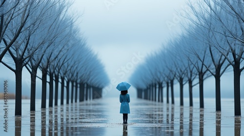Feelings of depression, sadness, loneliness, melancholy. Blue Monday. Surreal nature, rows of leafless trees, and a lonely alone woman with an umbrella in the center photo