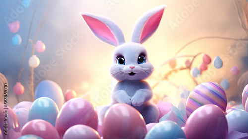 Horizontal AI illustration. Cartoon rabbit with pink and blue Easter eggs. Religions and cultures. © Ametz