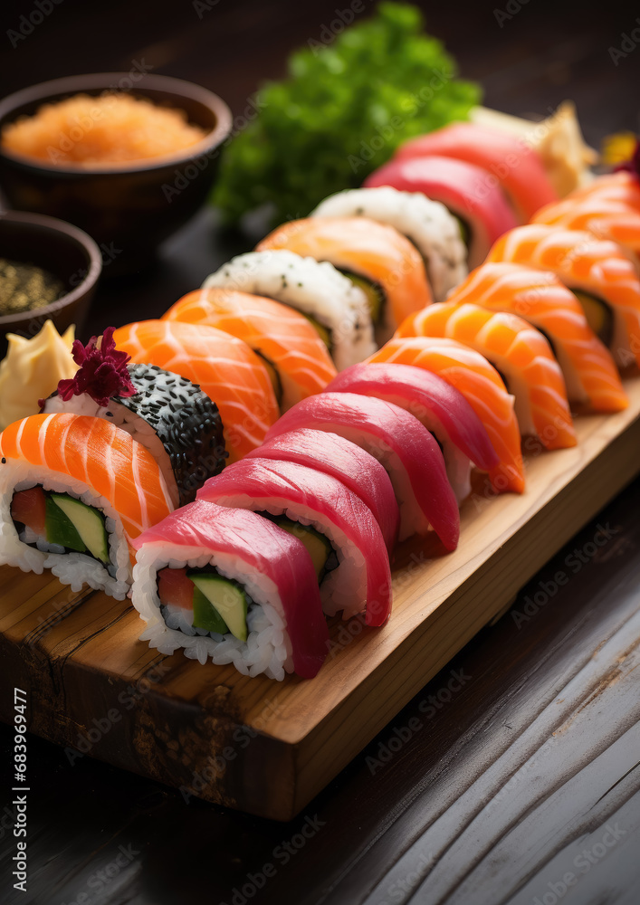 Japanese sushi, rolls, fish, salmon, sashimi, decor, meal, dinner, beautiful food, festive, restaurant, cafe, rice, nori, serving a dish, holiday, seafood, tuna, tasty treat, delicious Japanese sushi, rolls, fish, salmon, sashimi, decor, meal, dinner, beautiful food, festive, restaurant, cafe, rice, nori, serving a dish, holiday, seafood, tuna, tasty treat, delicious