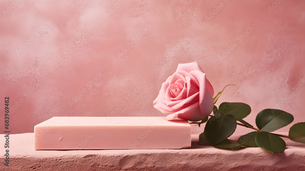 Soap with rose on pink background minimalist texture photography on vintage background, rose glycerin soap, generative ai - obrazy, fototapety, plakaty 