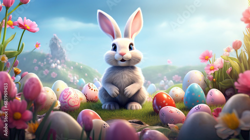 Horizontal AI illustration. Cartoon rabbit in a meadow with easter eggs. Religions and cultures. photo