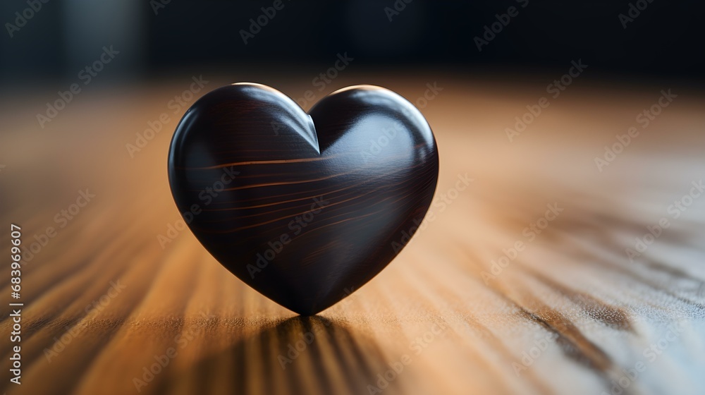 Close up of a black Heart on a wooden Table. Blurred Background