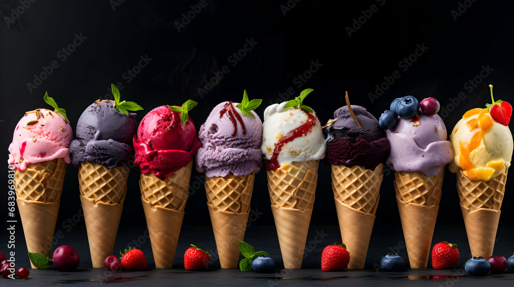 Various of ice cream flavor in cones blueberry, strawberry, pistachio, almond, orange and cherry setup on dark stone background . Summer and sweet menu concept. Menu recipe template. Generative AI.