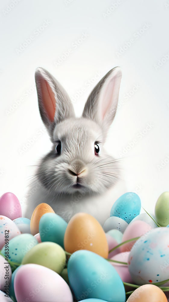 Vertical AI illustration. Rabbit and easter eggs on white background. Concept religions and cultures Vertical AI illustration. Rabbit and easter eggs on white background. Concept religions and cultures