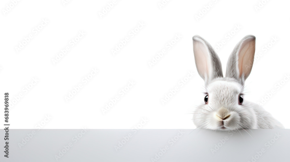 Horizontal AI illustration. Rabbit on white copy space background. Concept religions and cultures.