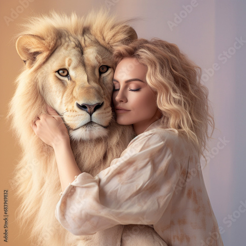 A beautiful young woman with fair hair gently hugs and caresses a wild animal lion, a loving animal portrait close-up on a pastel background.