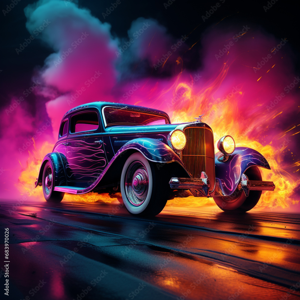 Creative and abstract digital artwork depicting a vintage car surrounded by neon matte light gradients. Cars in frozen moving motion.