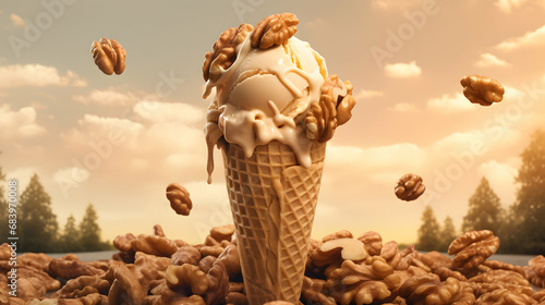 Walnut ice cream. Scoops of italian dessert with waffle cone on isolated background. Illustration for banners, landing pages and web pages with summer motifs. Copy space. Generative AI photo
