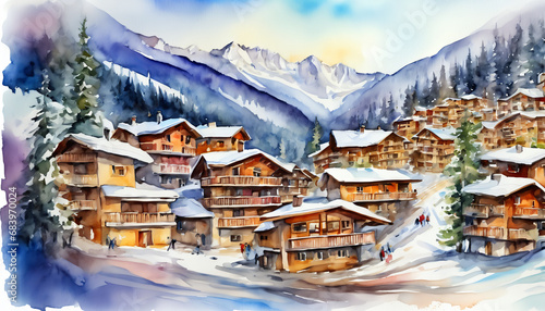 Winter Mountain Village Watercolor