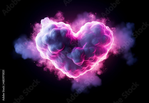 Cyber ​​neon colors, futuristic smoke and fog heart on dark background. Cyberpunk Valentine's Day. Minimal love concept.