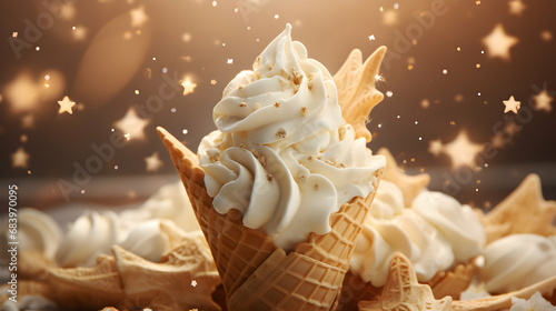White chocolate ice cream. Scoops of italian dessert with waffle cone on isolated background. Illustration for banners, landing pages and web pages with summer motifs. Copy space. Generative AI