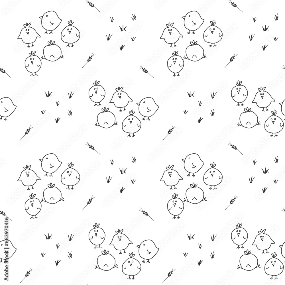 Fototapeta premium Cute chicken Seamless Pattern, Cartoon Doodle chickens Background vector Illustration