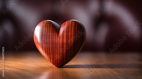 Close up of a burgundy Heart on a wooden Table. Blurred Background
