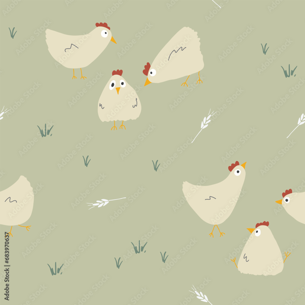 Cute Cartoon chicken and hen Seamless Pattern, Background vector Illustration Cute Cartoon chicken and hen Seamless Pattern, Background vector Illustration