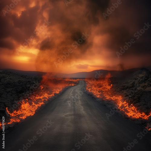 Road to hell, black road, fire around, cracks, crimson sky, ominous scary landscape, nightmare 