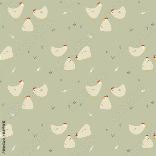 Cute Cartoon chicken and hen Seamless Pattern, Background vector Illustration